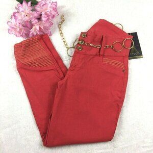 STUDIO AA Women's Embroidered Skinny Pants Orange with gold‎ metallic belt.